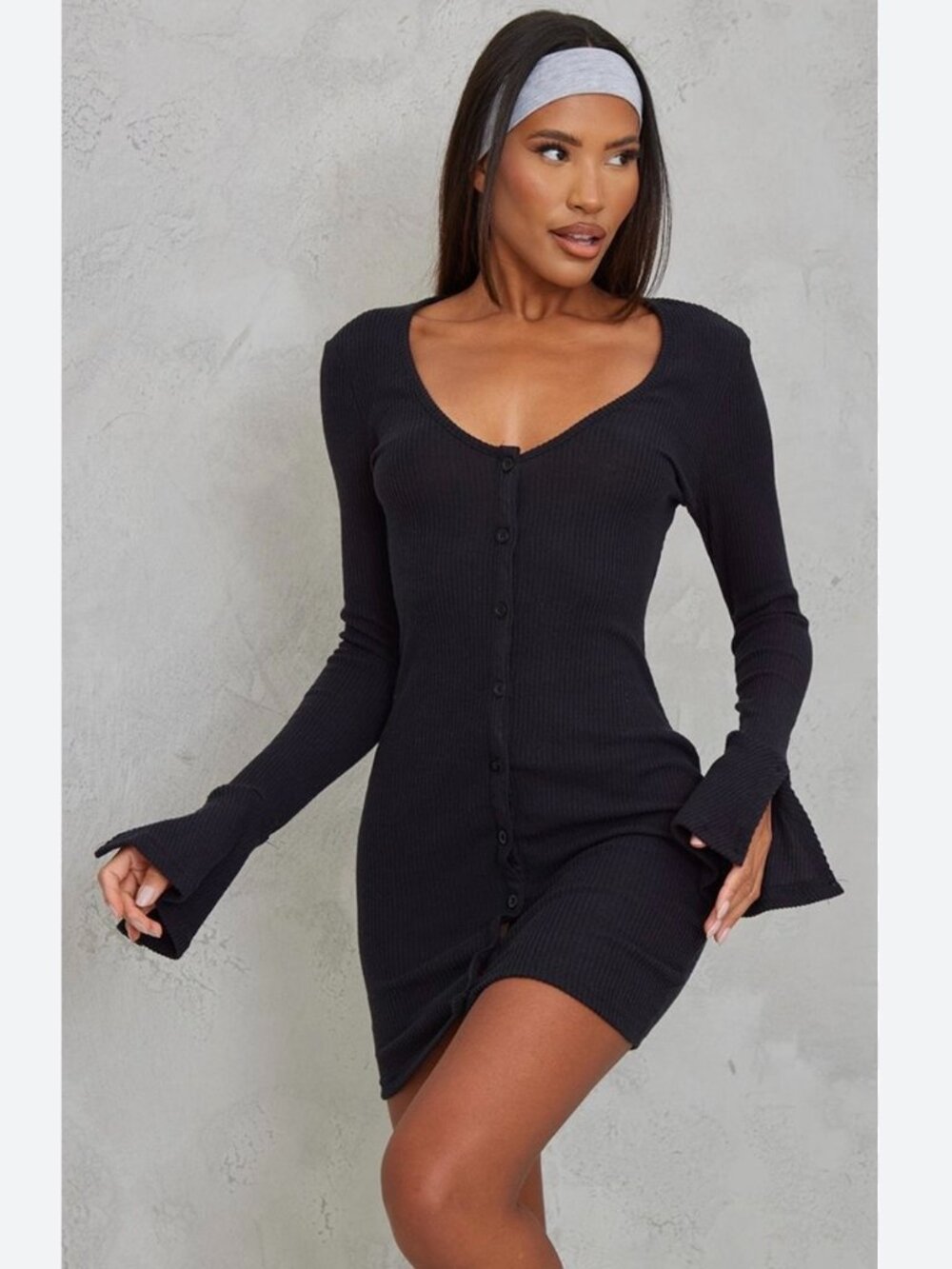 PLT Modern Minimalist Black Brushed Rib Plunge Flare Sleeve Shirt Dress Size 12